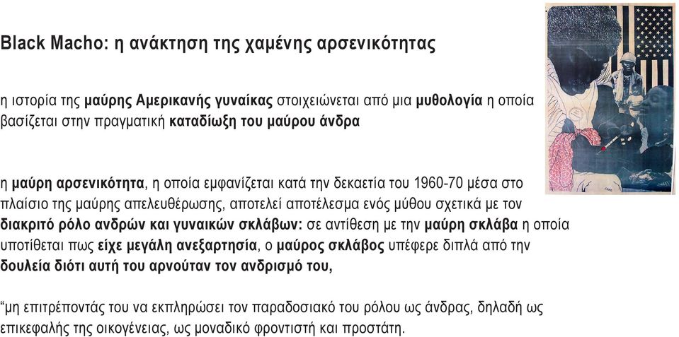 διακριτό ρόλο ανδρών και γυναικών σκλάβων: σε αντίθεση με την μαύρη σκλάβα η οποία υποτίθεται πως είχε μεγάλη ανεξαρτησία, ο μαύρος σκλάβος υπέφερε διπλά από την δουλεία διότι