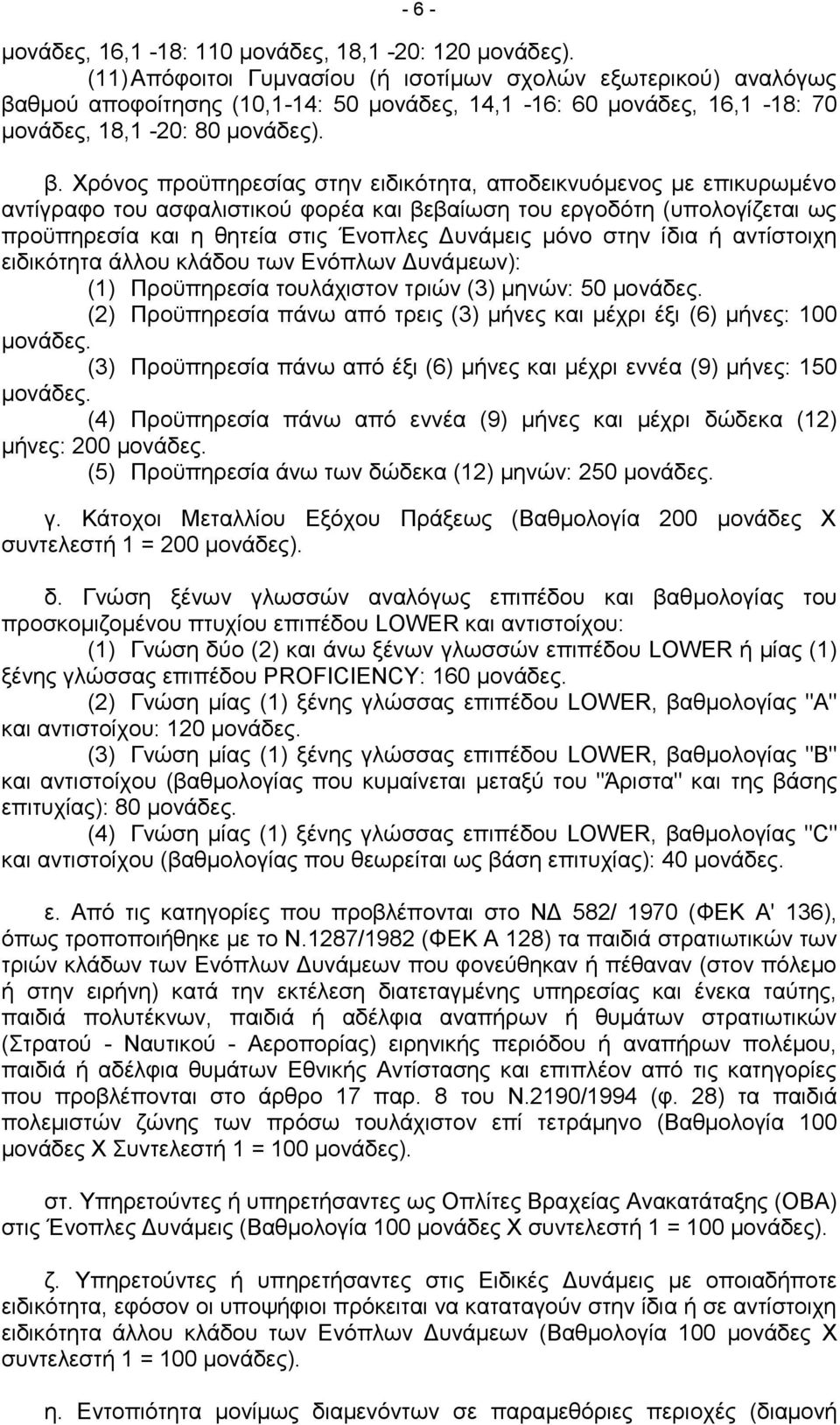 θμού αποφοίτησης (10,1-14: 50 μονάδες, 14,1-16: 60 μονάδες, 16,1-18: 70 μονάδες, 18,1-20: 80 μονάδες). β.