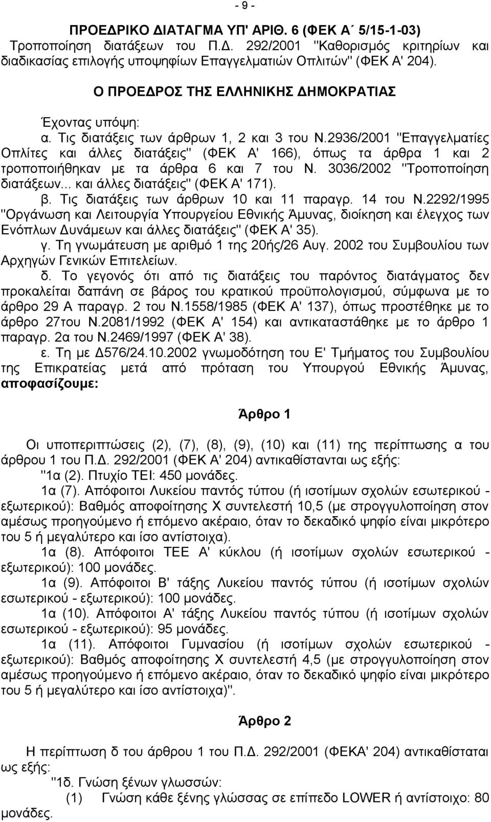 2936/2001 "Επαγγελματίες Οπλίτες και άλλες διατάξεις" (ΦΕΚ Α' 166), όπως τα άρθρα 1 και 2 τροποποιήθηκαν με τα άρθρα 6 και 7 του Ν. 3036/2002 "Τροποποίηση διατάξεων... και άλλες διατάξεις" (ΦΕΚ Α' 171).