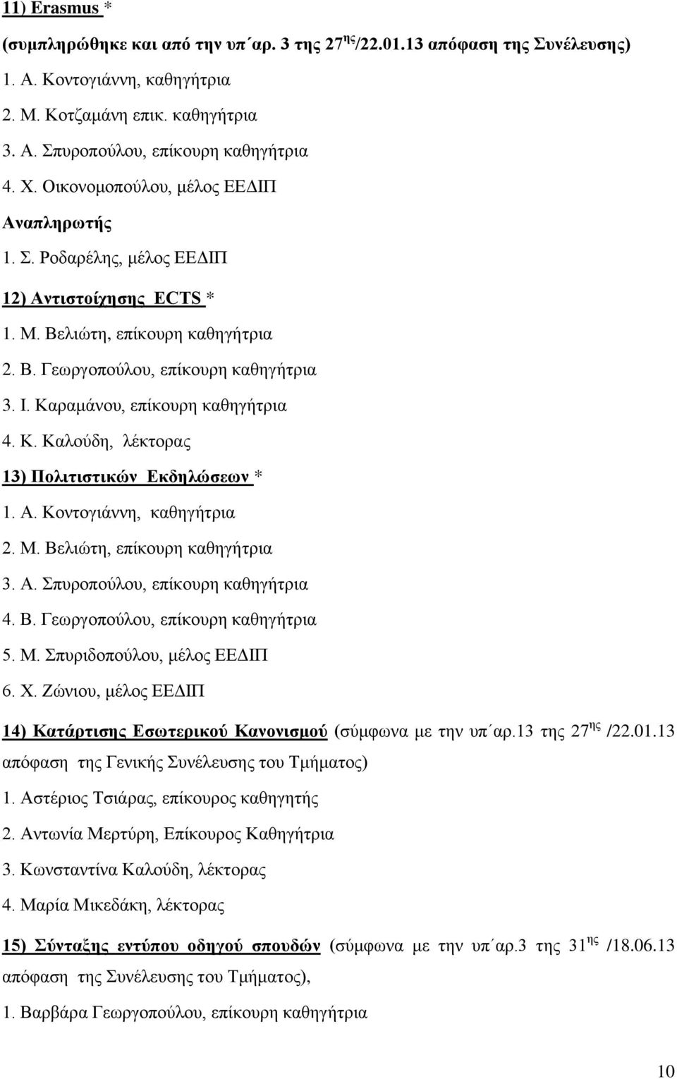 Καραμάνου, επίκουρη καθηγήτρια 4. Κ. Καλούδη, λέκτορας 13) Πολιτιστικών Εκδηλώσεων * 1. Α. Κοντογιάννη, καθηγήτρια 2. Μ. Βελιώτη, επίκουρη καθηγήτρια 3. Α. Σπυροπούλου, επίκουρη καθηγήτρια 4. Β. Γεωργοπούλου, επίκουρη καθηγήτρια 5.