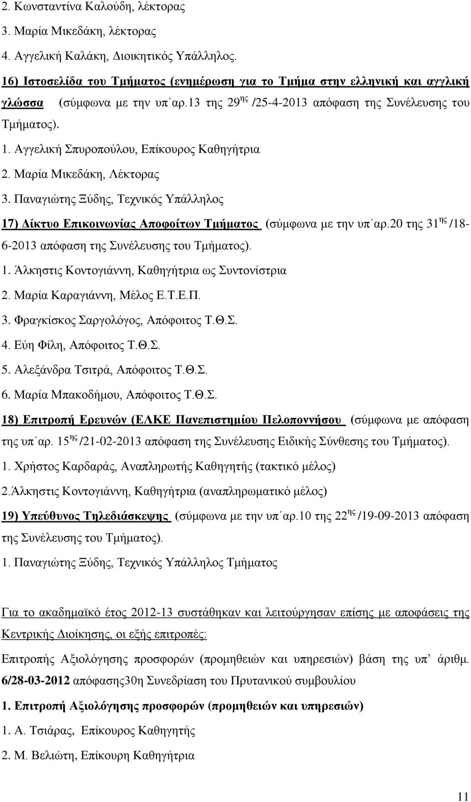 Αγγελική Σπυροπούλου, Επίκουρος Καθηγήτρια 2. Μαρία Μικεδάκη, Λέκτορας 3. Παναγιώτης Ξύδης, Τεχνικός Υπάλληλος 17) Δίκτυο Επικοινωνίας Αποφοίτων Τμήματος (σύμφωνα με την υπ αρ.