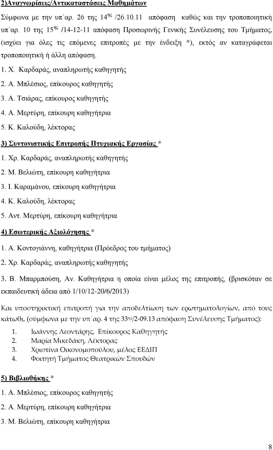 Καρδαράς, αναπληρωτής καθηγητής 2. Α. Μπλέσιος, επίκουρος καθηγητής 3. Α. Τσιάρας, επίκουρος καθηγητής 4. Α. Μερτύρη, επίκουρη καθηγήτρια 5. Κ.