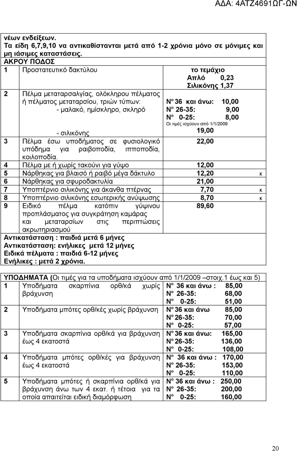 10,00 Ν ο 26-35: 9,00 Ν ο 0-25: 8,00 Οι τιμές ισχύουν από 1/1/2009 19,00 - σιλικόνης 3 Πέλμα έσω υποδήματος σε φυσιολογικό 22,00 υπόδημα για ραιβοποδία, ιπποποδία, κοιλοποδία.