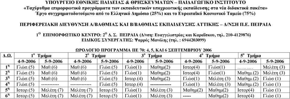 ΟΛΟΓΙΟ ΠΡΟΓΡΑΜΜΑ ΠΕ 70: 4, 5, ΚΑΙ 6 ΣΕΠΤΕΜΒΡΙΟΥ 2006.Ω.