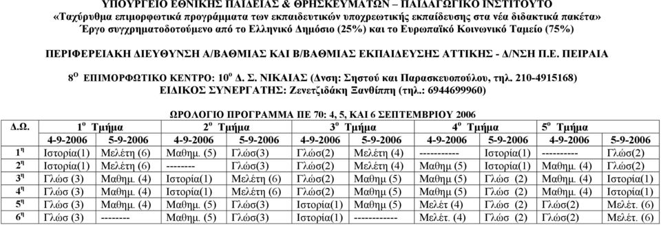 ΟΛΟΓΙΟ ΠΡΟΓΡΑΜΜΑ ΠΕ 70: 4, 5, ΚΑΙ 6 ΣΕΠΤΕΜΒΡΙΟΥ 2006.Ω.