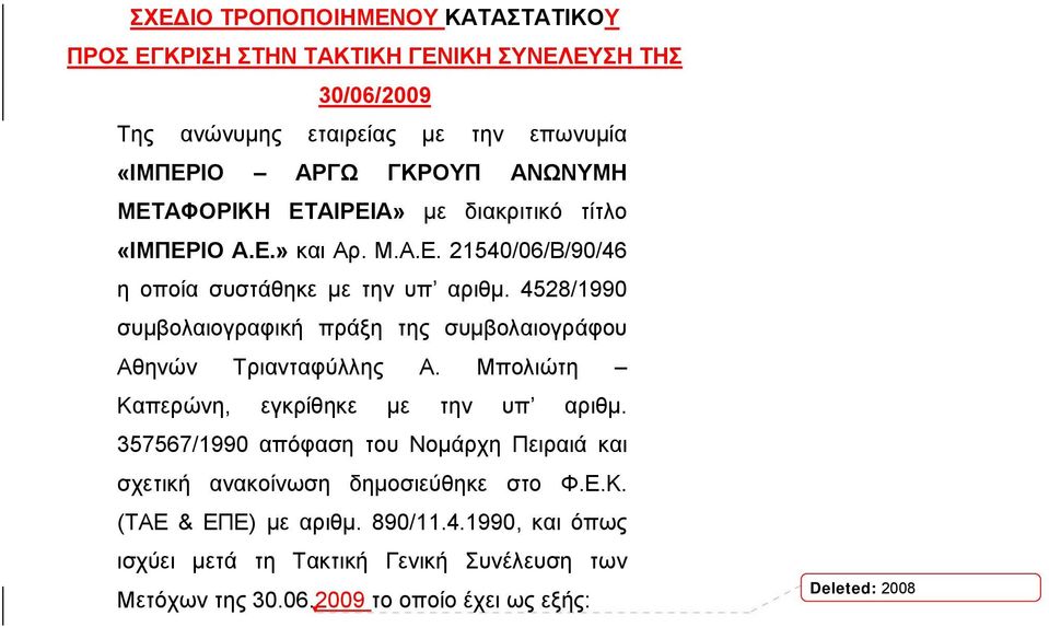 4528/1990 συμβολαιογραφική πράξη της συμβολαιογράφου Αθηνών Τριανταφύλλης Α. Μπολιώτη Καπερώνη, εγκρίθηκε με την υπ αριθμ.