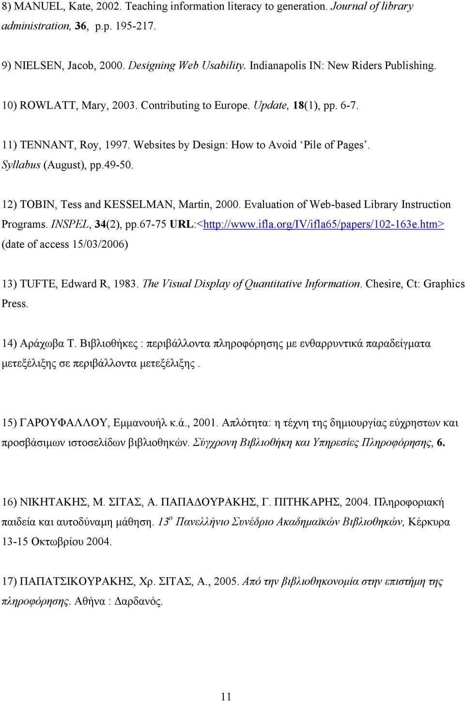 Syllabus (August), pp.49-50. 12) TOBIN, Tess and KESSELMAN, Martin, 2000. Evaluation of Web-based Library Instruction Programs. INSPEL, 34(2), pp.67-75 URL:<http://www.ifla.