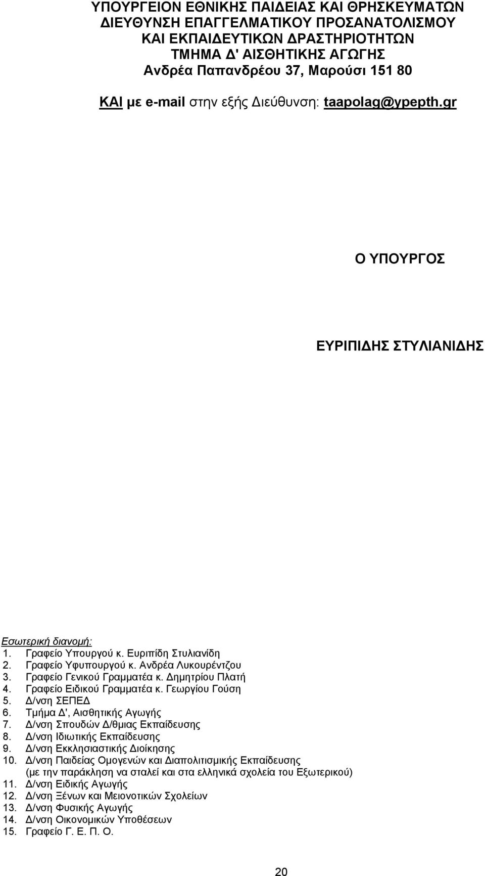 Γραφείο Γενικού Γραμματέα κ. Δημητρίου Πλατή 4. Γραφείο Ειδικού Γραμματέα κ. Γεωργίου Γούση 5. Δ/νση ΣΕΠΕΔ 6. Τμήμα Δ', Αισθητικής Αγωγής 7. Δ/νση Σπουδών Δ/θμιας Εκπαίδευσης 8.