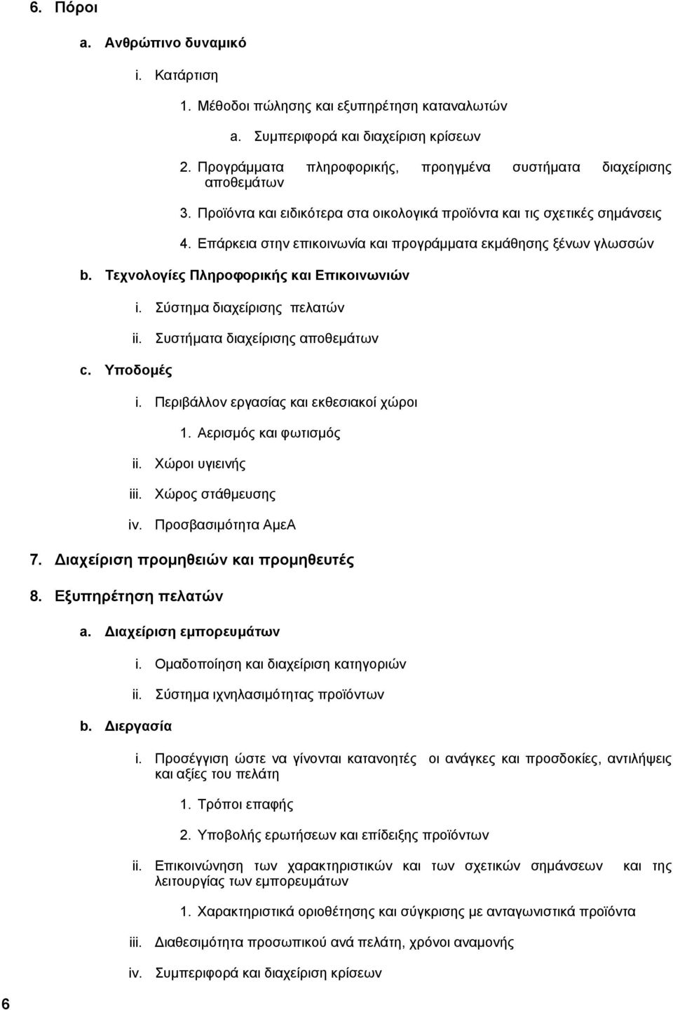 Επάρκεια στην επικοινωνία και προγράμματα εκμάθησης ξένων γλωσσών b. Τεχνολογίες Πληροφορικής και Επικοινωνιών c. Υποδομές i. Σύστημα διαχείρισης πελατών ii. Συστήματα διαχείρισης αποθεμάτων i.