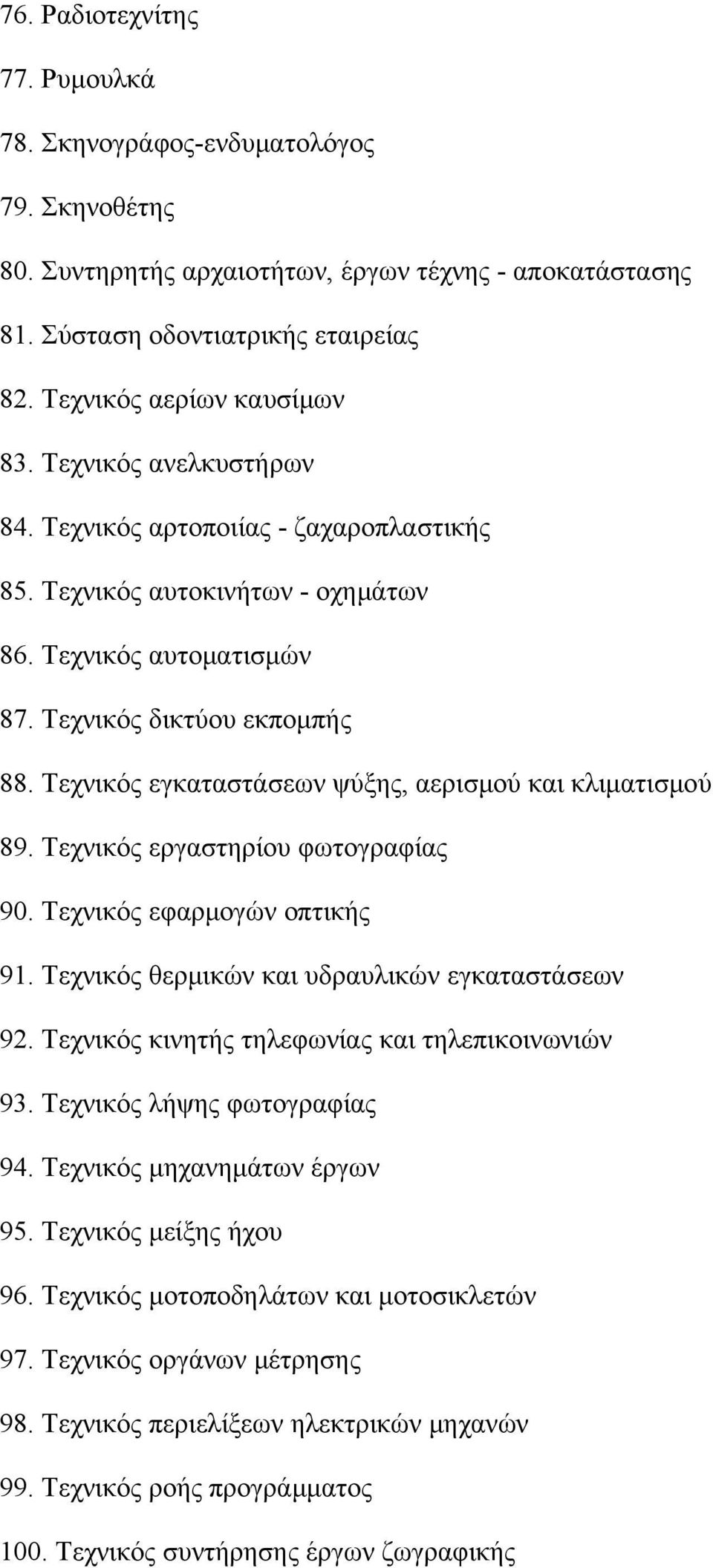 Tεχνικός εγκαταστάσεων ψύξης, αερισμού και κλιματισμού 89. Tεχνικός εργαστηρίου φωτογραφίας 90. Tεχνικός εφαρμογών οπτικής 91. Tεχνικός θερμικών και υδραυλικών εγκαταστάσεων 92.