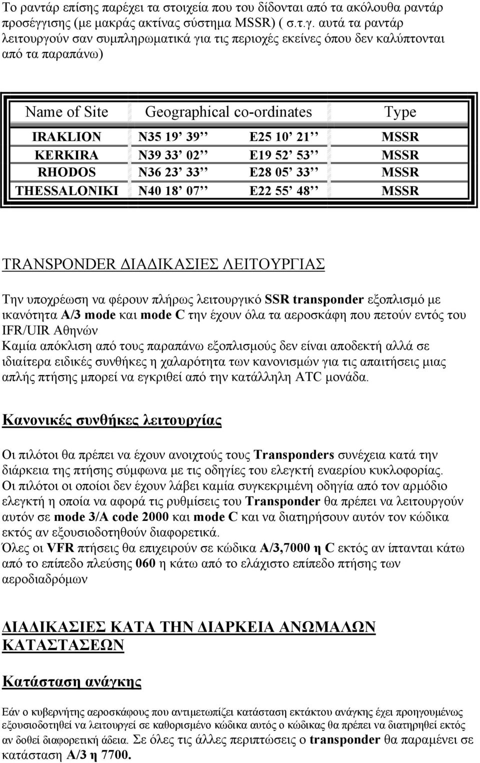 αυτά τα ραντάρ λειτουργούν σαν συµπληρωµατικά για τις περιοχές εκείνες όπου δεν καλύπτονται από τα παραπάνω) Name of Site Geographical co-ordinates Type IRAKLION N35 19 39 E25 10 21 MSSR KERKIRA N39