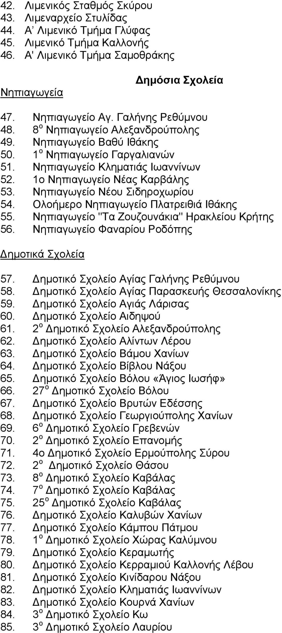 Νηπιαγωγείο Νέου Σιδηροχωρίου 54. Ολοήµερο Νηπιαγωγείο Πλατρειθιά Ιθάκης 55. Νηπιαγωγείο "Τα Ζουζουνάκια" Ηρακλείου Κρήτης 56. Νηπιαγωγείο Φαναρίου Ροδόπης ηµοτικά Σχολεία 57.