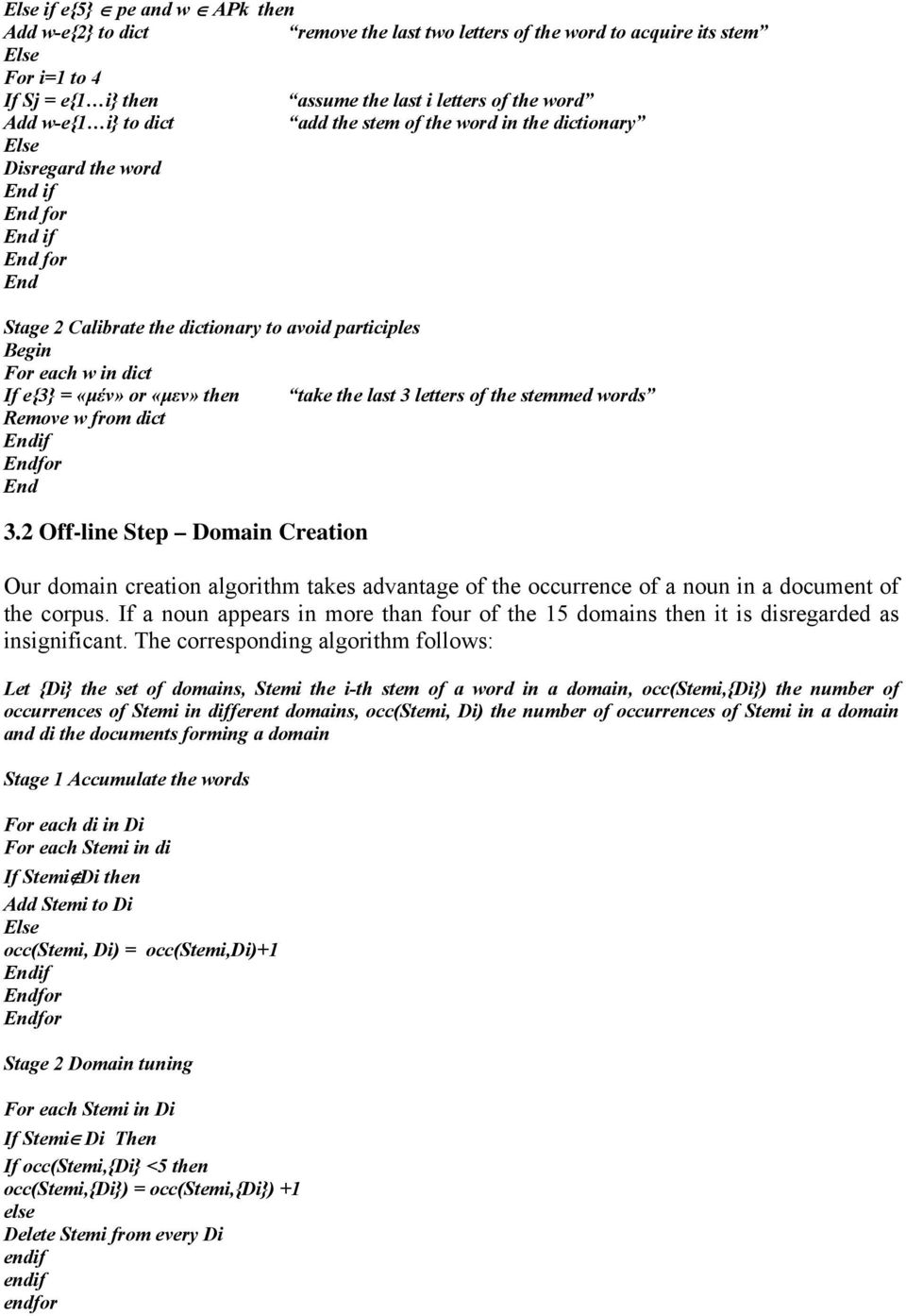 «μέν» or «μεν» then take the last 3 letters of the stemmed words Remove w from dict Endif Endfor End 3.