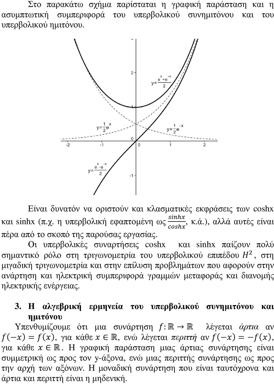 Οι υπερβολικές συναρτήσεις coshx και sinhx παίζουν πολύ σηµαντικό ρόλο στη τριγωνοµετρία του υπερβολικού επιπέδου, στη µιγαδική τριγωνοµετρία και στην επίλυση προβληµάτων που αφορούν στην ανάρτηση