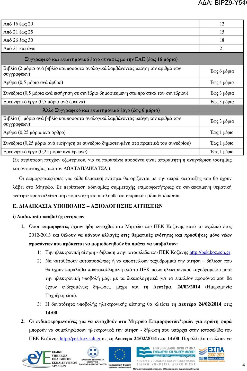 θαη επηζηεκνληθό έξγν (έωο 6 κόξηα) Βηβιία (1 κόξην αλά βηβιίν θαη πνζνζηό αλαινγηθά ιακβάλνληαο ππόςε ηνλ αξηζκό ησλ ζπγγξαθέσλ) Άξζξα (0,25 κόξηα αλά άξζξν) Έσο 6 κόξηα Έσο 4 κόξηα Έσο 3 κόξηα Έσο