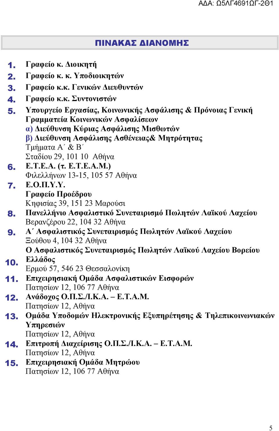 29, 101 10 Αθήνα 6. Ε.Τ.Ε.Α. (τ. Ε.Τ.Ε.Α.Μ.) Φιλελλήνων 13-15, 105 57 Αθήνα 7. Ε.Ο.Π.Υ.Υ. Γραφείο Προέδρου Κηφισίας 39, 151 23 Μαρούσι 8.