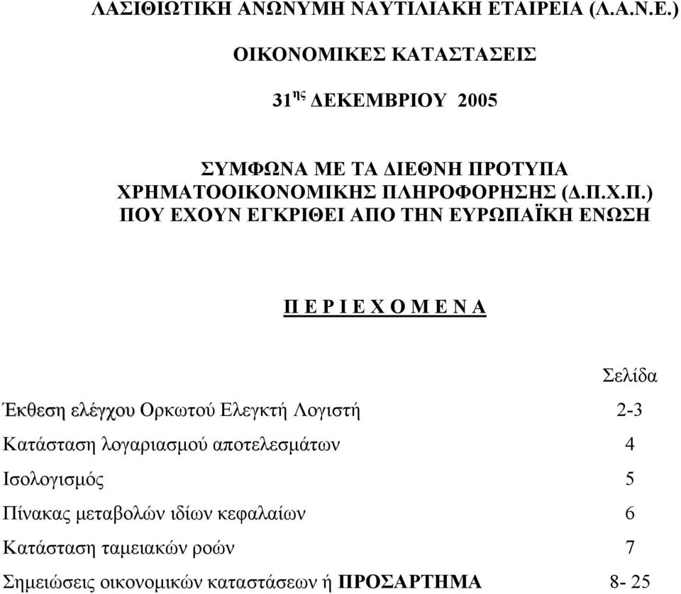 Έκθεση ελέγχου Ορκωτού Ελεγκτή Λογιστή 2-3 Κατάσταση λογαριασµού αποτελεσµάτων 4 Ισολογισµός 5