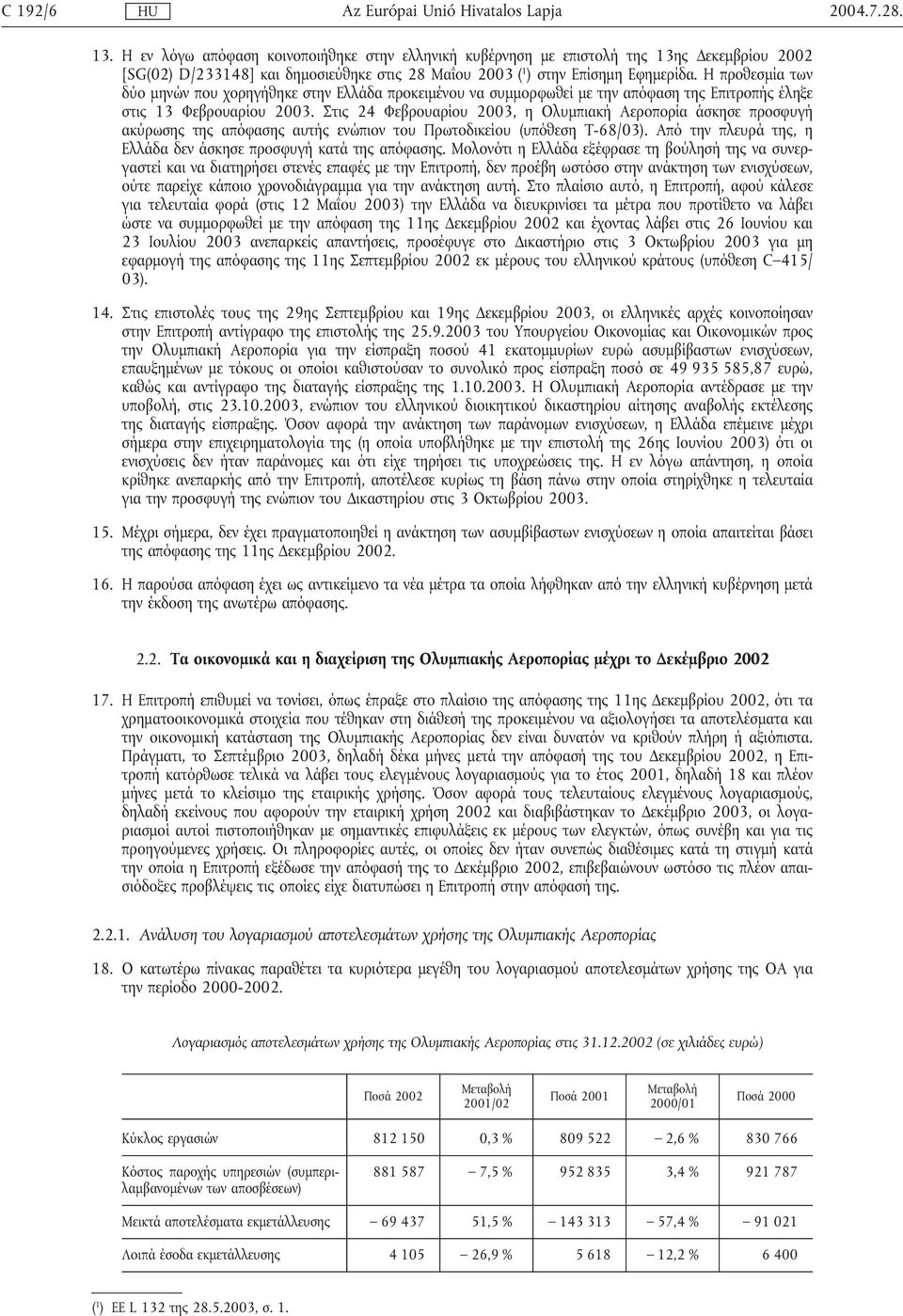 Στις 24 Φεβρουαρίου 2003, η Ολυµπιακή Αεροπορία άσκησε προσφυγή ακύρωσης της απόφασης αυτής ενώπιον του Πρωτοδικείου (υπόθεση T-68/03).