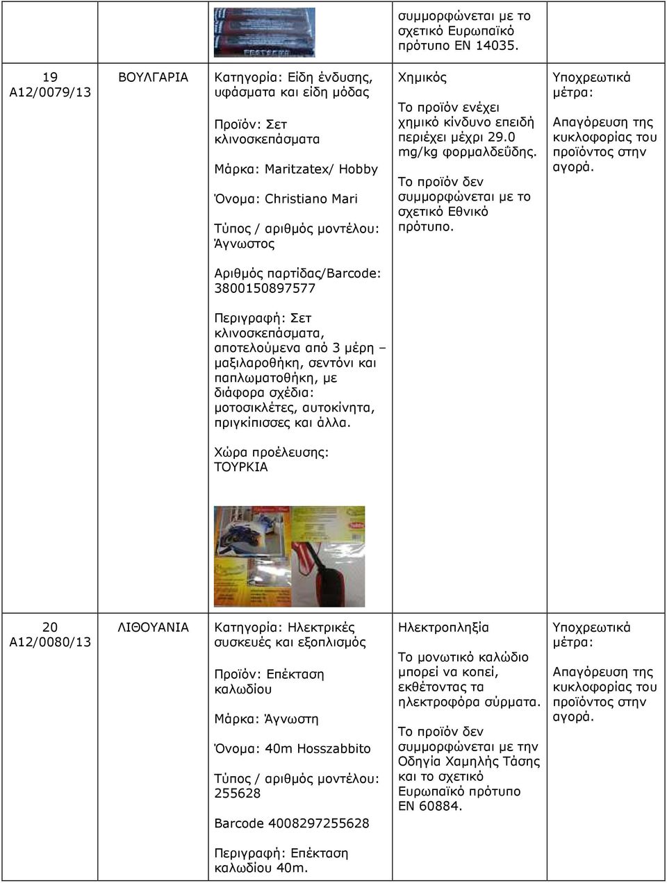 µέχρι 29.0 mg/kg φορµαλδεΰδης. συµµορφώνεται µε το σχετικό Εθνικό πρότυπο. Απαγόρευση της κυκλοφορίας του προϊόντος στην αγορά.