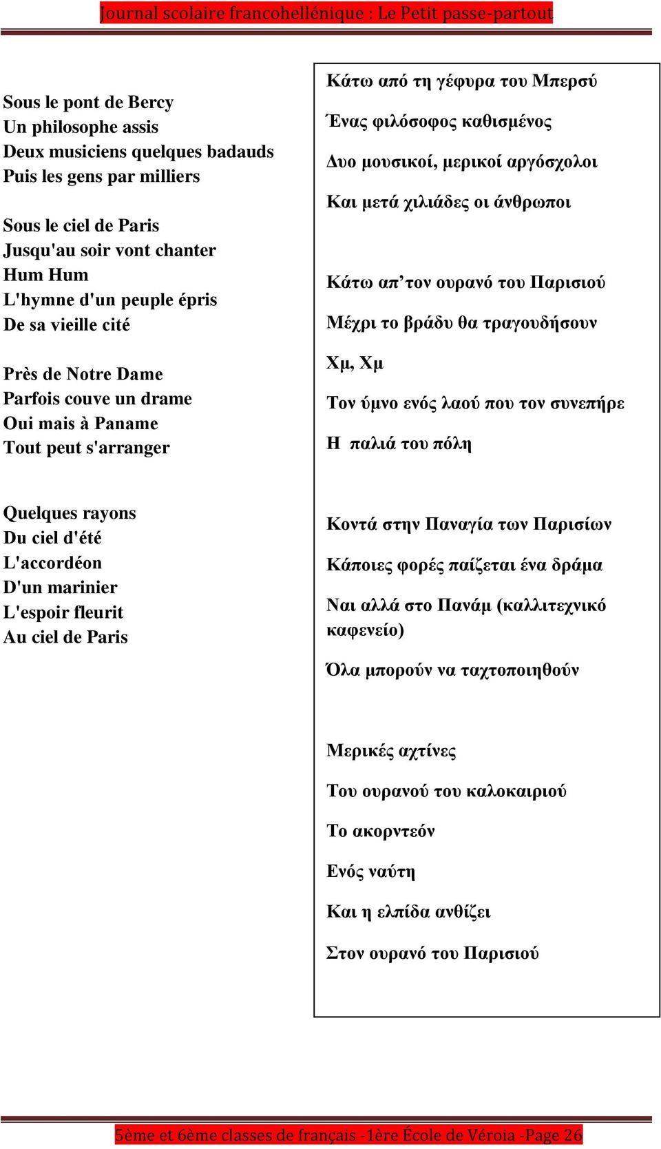 άνθρωποι Κάτω απ τον ουρανό του Παρισιού Μέχρι το βράδυ θα τραγουδήσουν Χμ, Χμ Τον ύμνο ενός λαού που τον συνεπήρε Η παλιά του πόλη Quelques rayons Du ciel d'été L'accordéon D'un marinier L'espoir