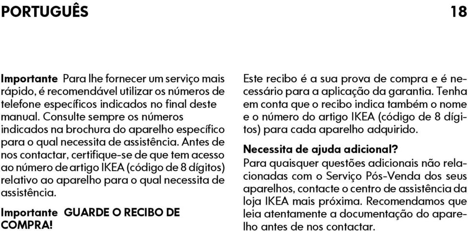 Antes de nos contactar, certifique-se de que tem acesso ao número de artigo IKEA (código de 8 dígitos) relativo ao aparelho para o qual necessita de assistência. Importante GUARDE O RECIBO DE COMPRA!