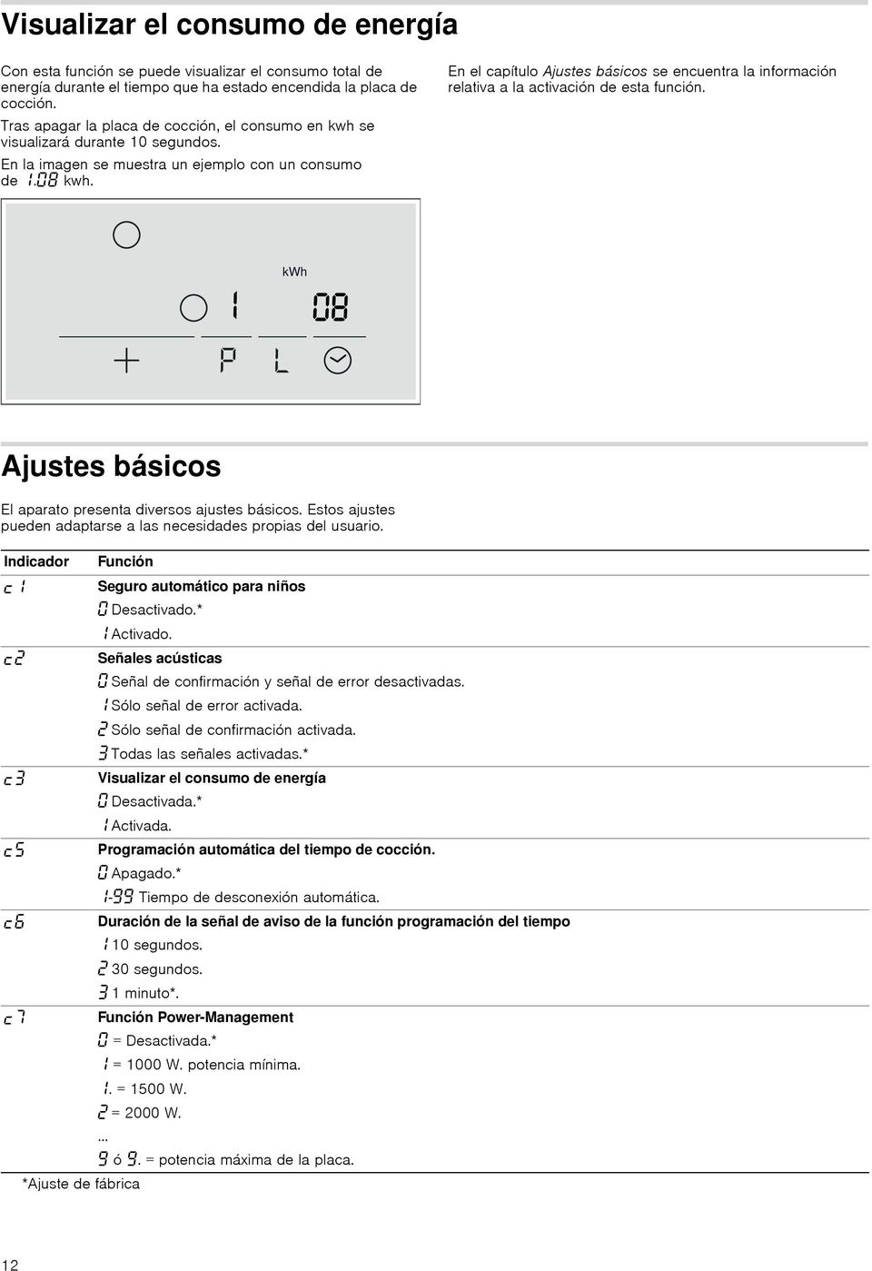 Ajustes básicos El aparato presenta diversos ajustes básicos. Estos ajustes pueden adaptarse a las necesidades propias del usuario. Indicador Función Seguro automático para niños Desactivado.