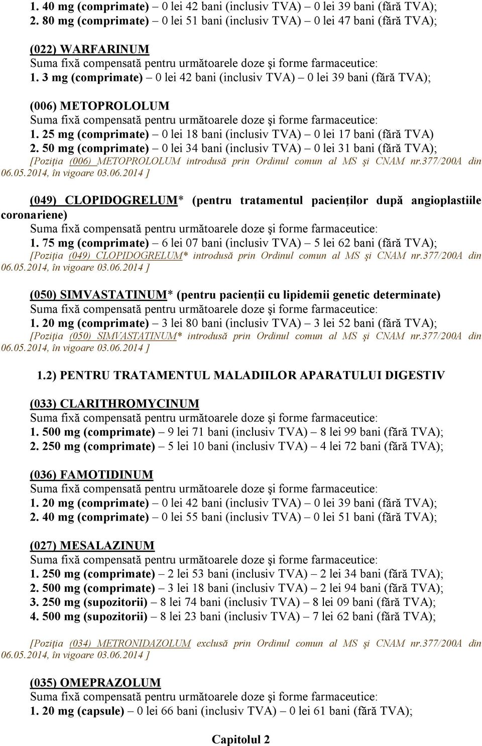50 mg (comprimate) 0 lei 34 bani (inclusiv TVA) 0 lei 31 bani (fără TVA); [Poziţia (006) METOPROLOLUM introdusă prin Ordinul comun al MS şi CNAM nr.377/200a din 06.05.2014, în vigoare 03.06.2014 ] (049) CLOPIDOGRELUM* (pentru tratamentul pacienţilor după angioplastiile coronariene) 1.