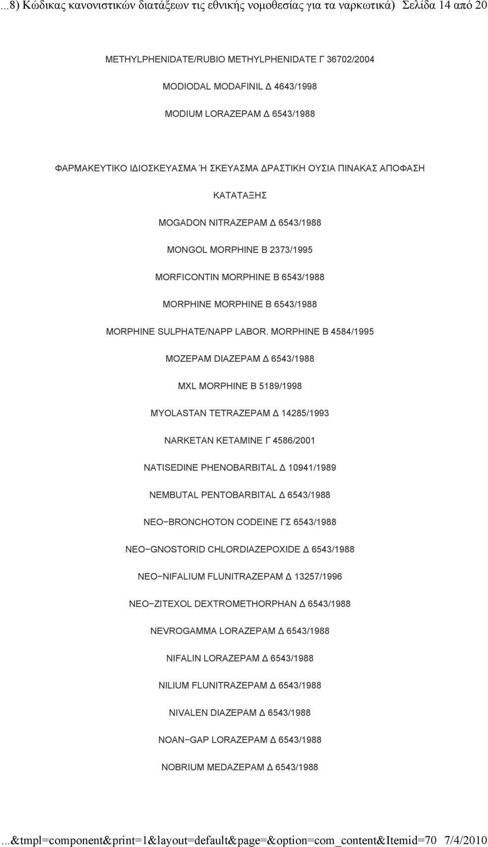 MORPHINE Β 4584/1995 MOZEPAM DIAZEPAM 6543/1988 MXL MORPHINE Β 5189/1998 MYOLASTAN TETRAZEPAM 14285/1993 NARKETAN KETAMINE Γ 4586/2001 NATISEDINE PHENOBARBITAL 10941/1989 NEMBUTAL PENTOBARBITAL