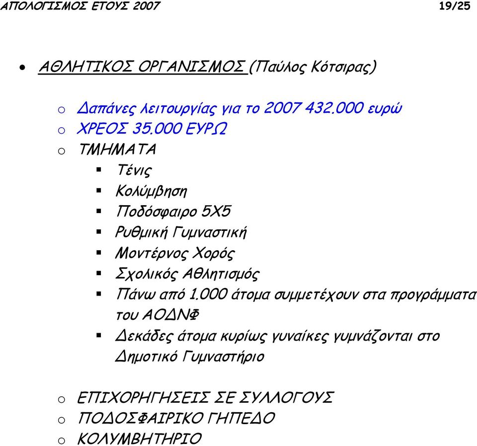 000 ΕΥΡΩ o ΤΜΗΜΑΤΑ Τένις Κολύμβηση Ποδόσφαιρο 5Χ5 Ρυθμική Γυμναστική Μοντέρνος Χορός Σχολικός Αθλητισμός