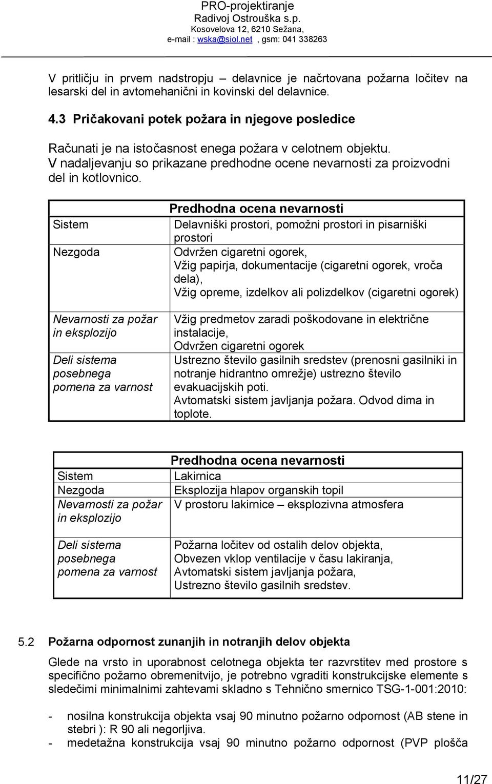 Sistem Nezgoda Nevarnosti za požar in eksplozijo Deli sistema posebnega pomena za varnost Predhodna ocena nevarnosti Delavniški prostori, pomožni prostori in pisarniški prostori Odvržen cigaretni