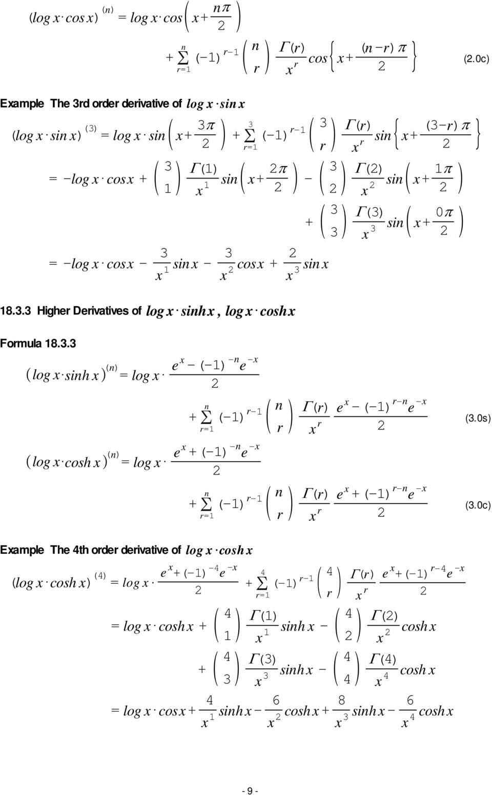 si + 8.. Higher Derivatives of log sih, log cosh Formula 8.