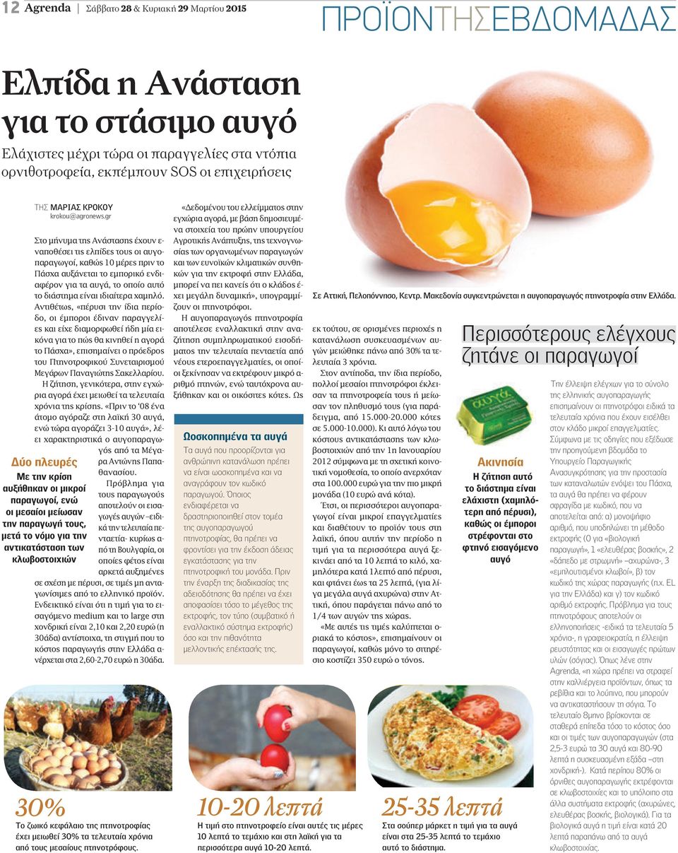 τις ελπίδες τους οι αυγοπαραγωγοί, καθώς 10 µέρες πριν το Πάσχα αυξάνεται το εµπορικό ενδιαφέρον για τα αυγά, το οποίο αυτό το διάστηµα είναι ιδιαίτερα χαµηλό.