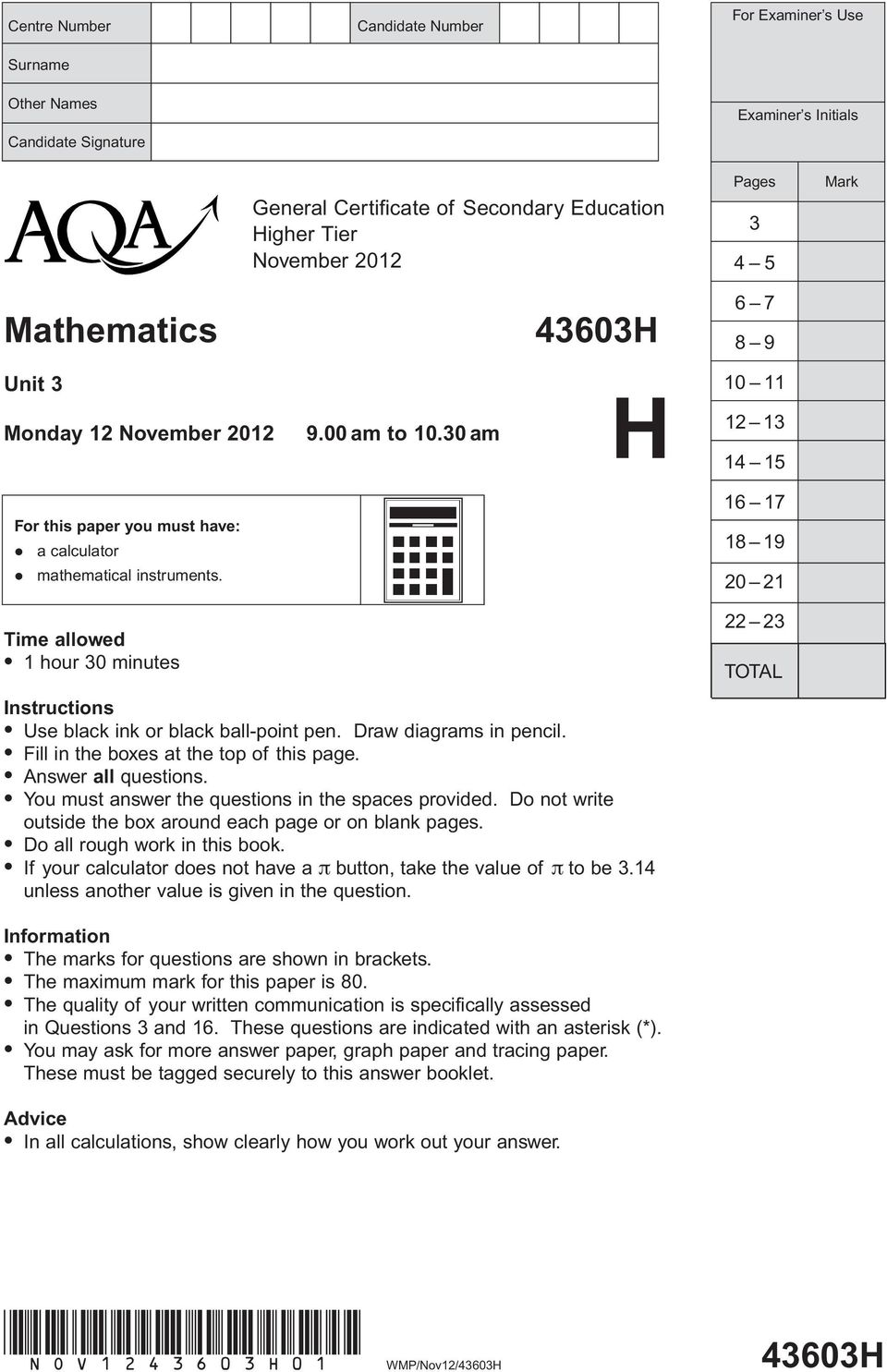 16 17 18 19 20 21 Time allowed l 1 hour 30 minutes Instructions l Use black ink or black ball-point pen. Draw diagrams in pencil. l Fill in the es at the top of this page. l Answer all questions.