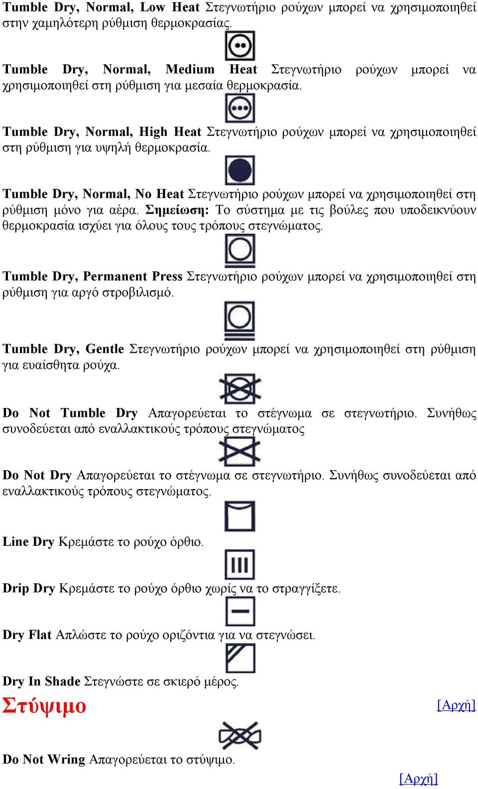 Tumble Dry, Normal, High Heat Στεγνωτήριο ρούχων μπορεί να χρησιμοποιηθεί στη ρύθμιση για υψηλή θερμοκρασία.