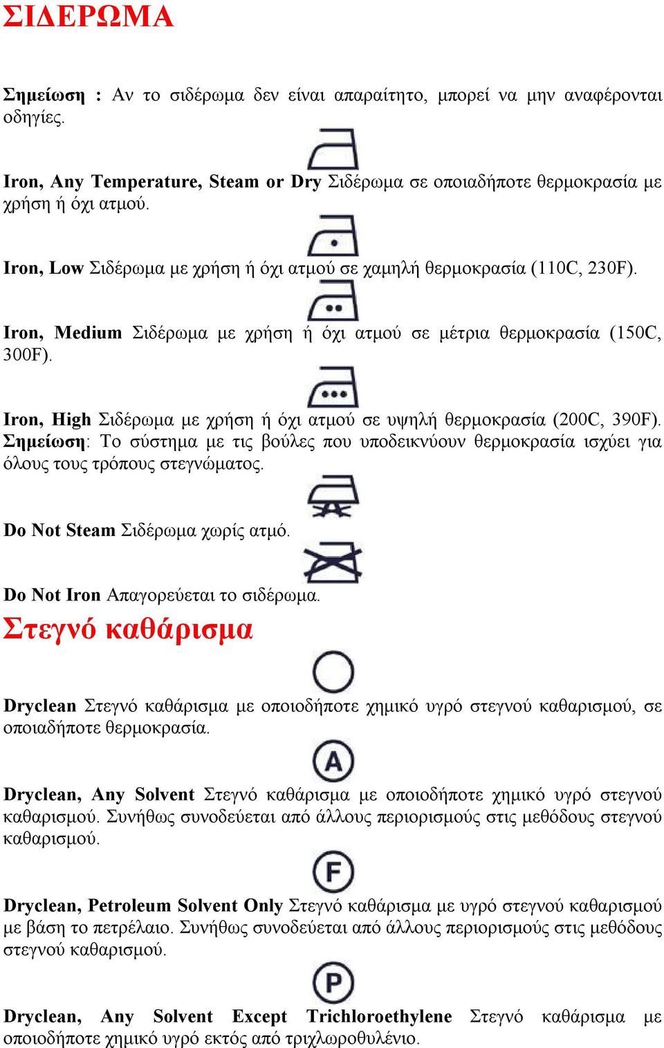 Iron, High Σιδέρωμα με χρήση ή όχι ατμού σε υψηλή θερμοκρασία (200C, 390F). Σημείωση: Το σύστημα με τις βούλες που υποδεικνύουν θερμοκρασία ισχύει για όλους τους τρόπους στεγνώματος.