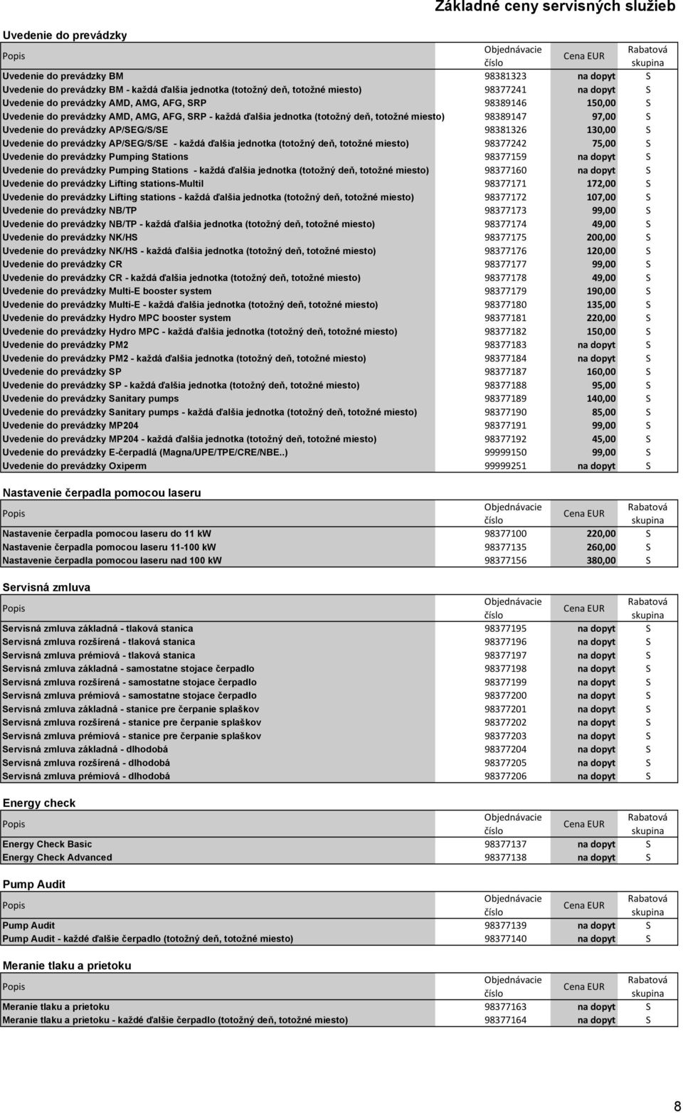 AP/SEG/S/SE 98381326 130,00 S Uvedenie do prevádzky AP/SEG/S/SE - každá ďalšia jednotka (totožný deň, totožné miesto) 98377242 75,00 S Uvedenie do prevádzky Pumping Stations 98377159 na dopyt S