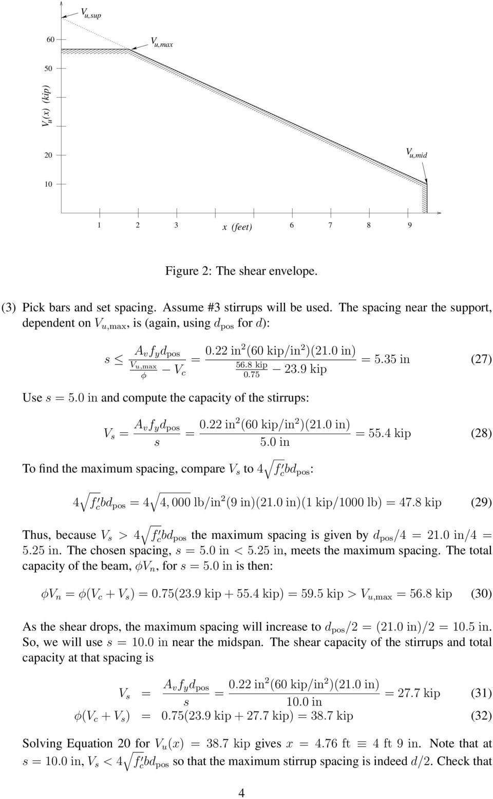 0 in and compute the capacity of the stirrups: V s A vf y d pos s 0. in (60 kip/in )(1.0 in) 5.0 in 55.