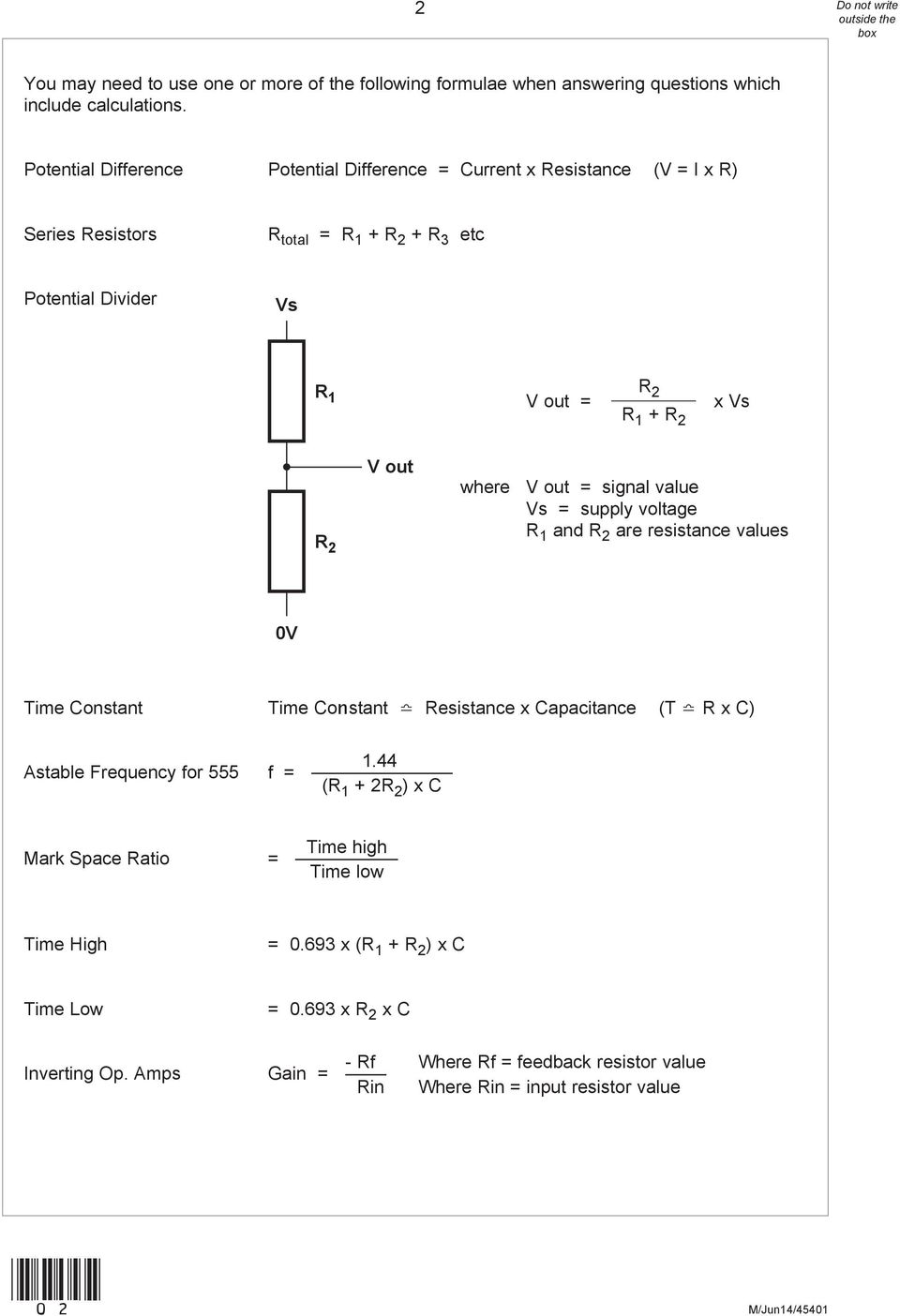 R 2 V out where V out = signal value Vs = supply voltage R 1 and R 2 are resistance values 0V Time Constant Time Constant Resistance x Capacitance (T R x C) Astable Frequency