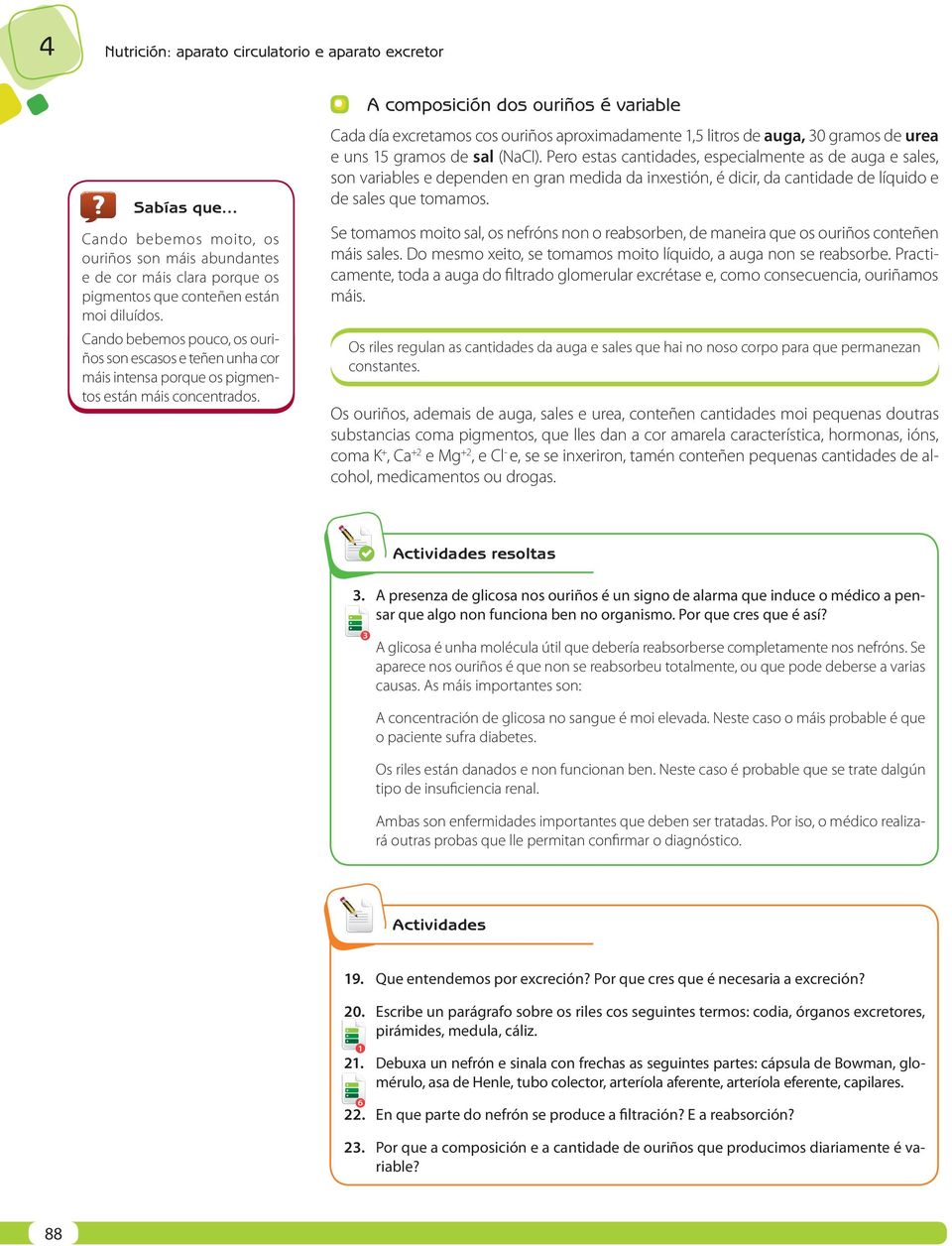 A composición dos ouriños é variable Cada día excretamos cos ouriños aproximadamente 1,5 litros de auga, 30 gramos de urea e uns 15 gramos de sal (NaCI).