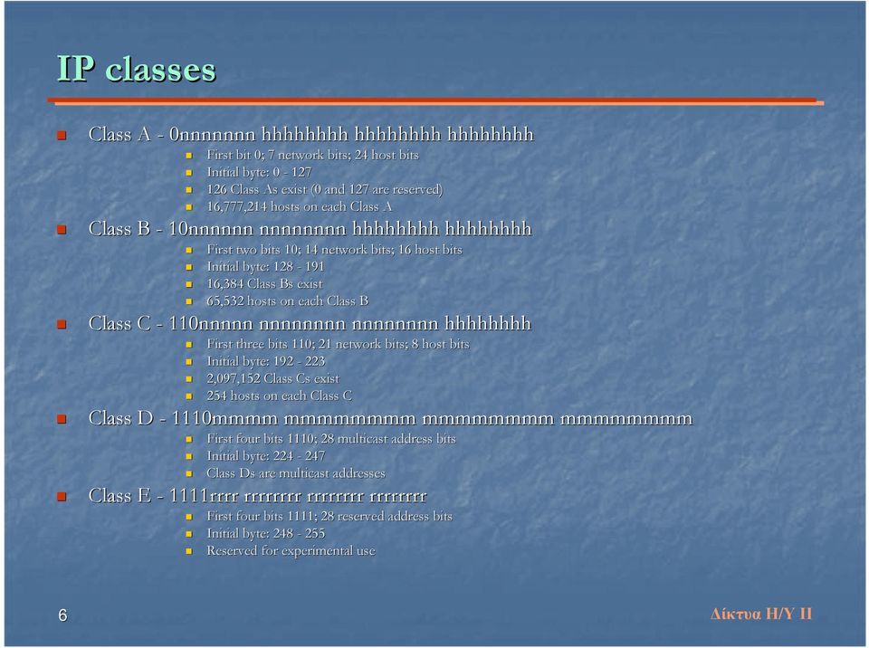 nnnnnnnn hhhhhhhh First three bits 110; 21 network bits; ; 8 host bits Initial byte: : 192-223 2,097,152 Class Cs exist 254 hosts on each Class C Class D - 1110mmmm mmmmmmmm mmmmmmmm mmmmmmmm First