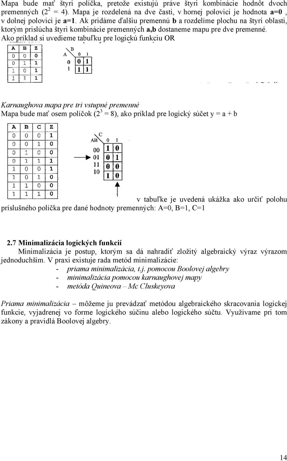 Ako príklad si uvedieme tabuľku pre logickú funkciu OR Karnaughova mapa pre tri vstupné premenné Mapa bude mať osem políčok (2 3 = 8), ako príklad pre logický súčet y = a + b v tabuľke je uvedená