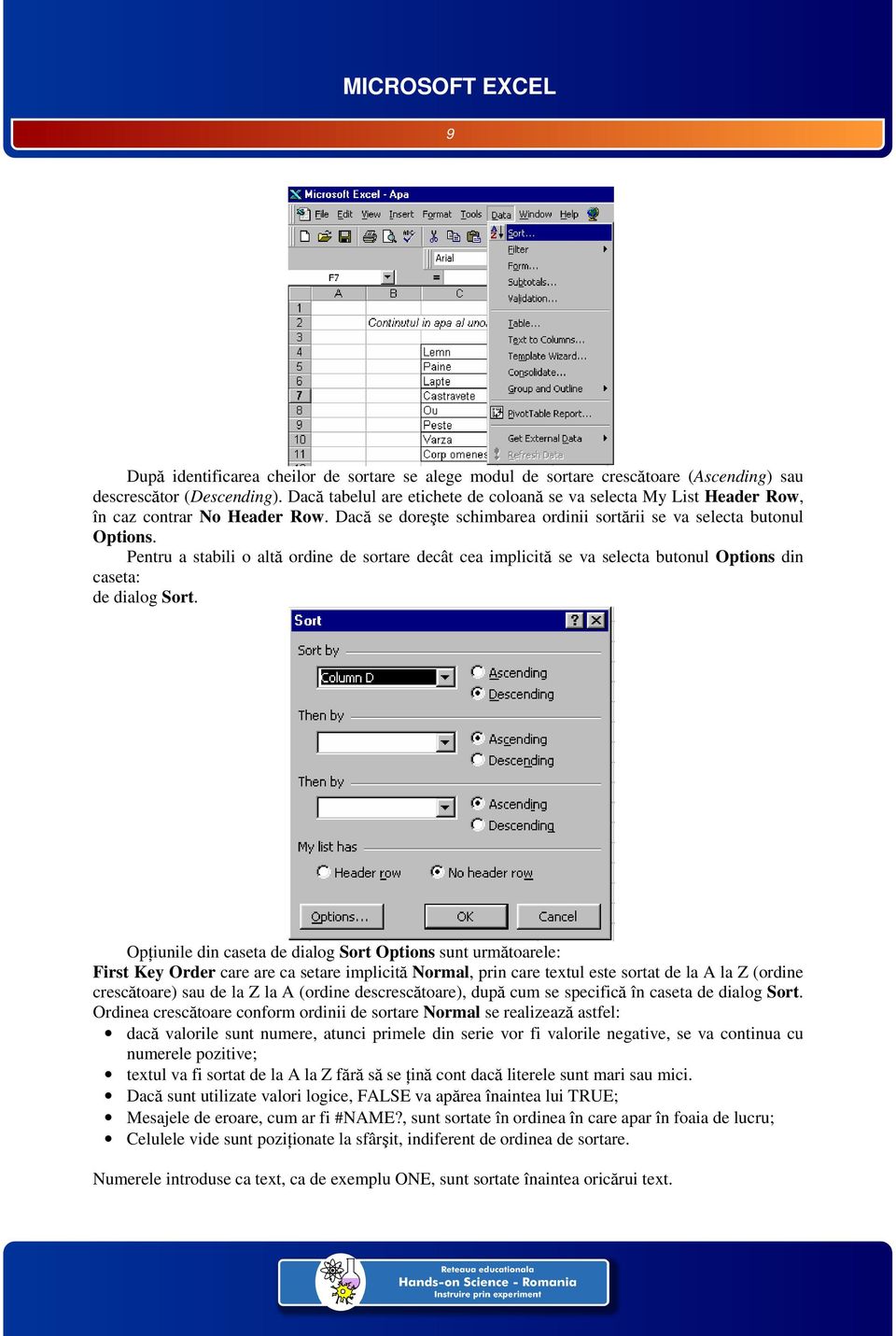 Pentru a stabili o altă ordine de sortare decât cea implicită se va selecta butonul Options din caseta: de dialog Sort.