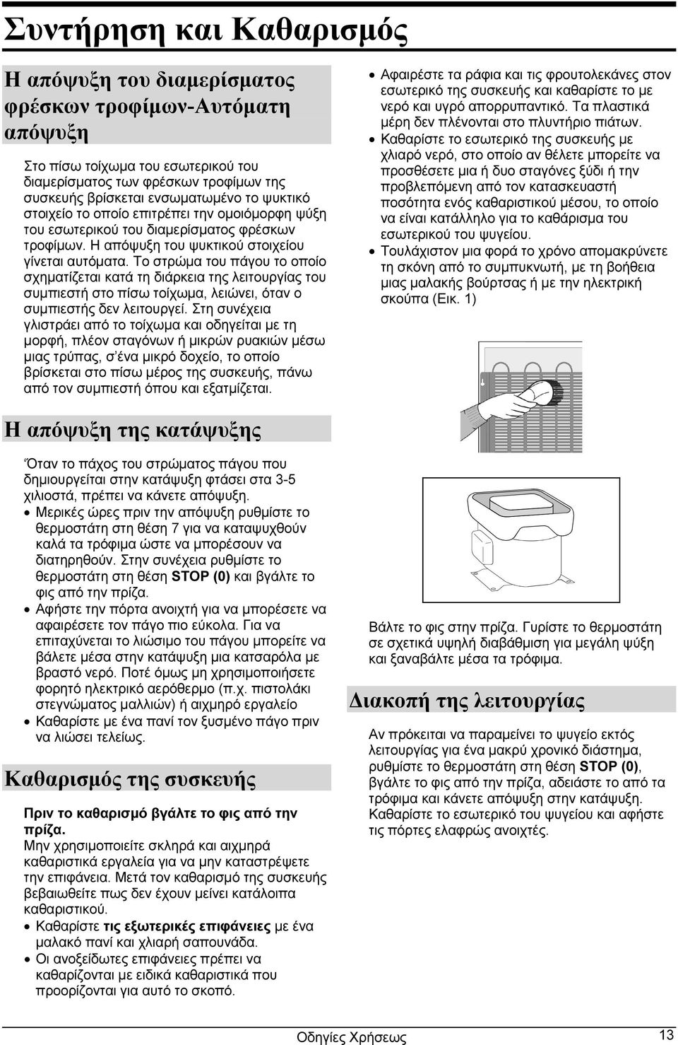 Το στρώμα του πάγου το οποίο σχηματίζεται κατά τη διάρκεια της λειτουργίας του συμπιεστή στο πίσω τοίχωμα, λειώνει, όταν ο συμπιεστής δεν λειτουργεί.