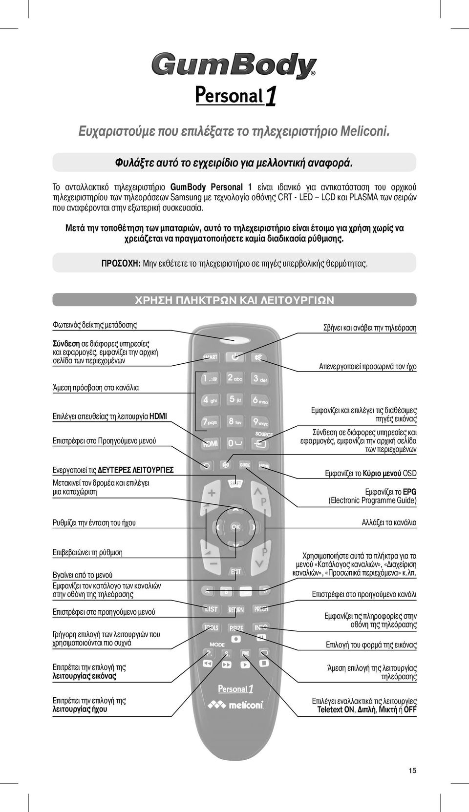 αναφέρονται στην εξωτερική συσκευασία. Μετά την τοποθέτηση των μπαταριών, αυτό το τηλεχειριστήριο είναι έτοιμο για χρήση χωρίς να χρειάζεται να πραγματοποιήσετε καμία διαδικασία ρύθμισης.
