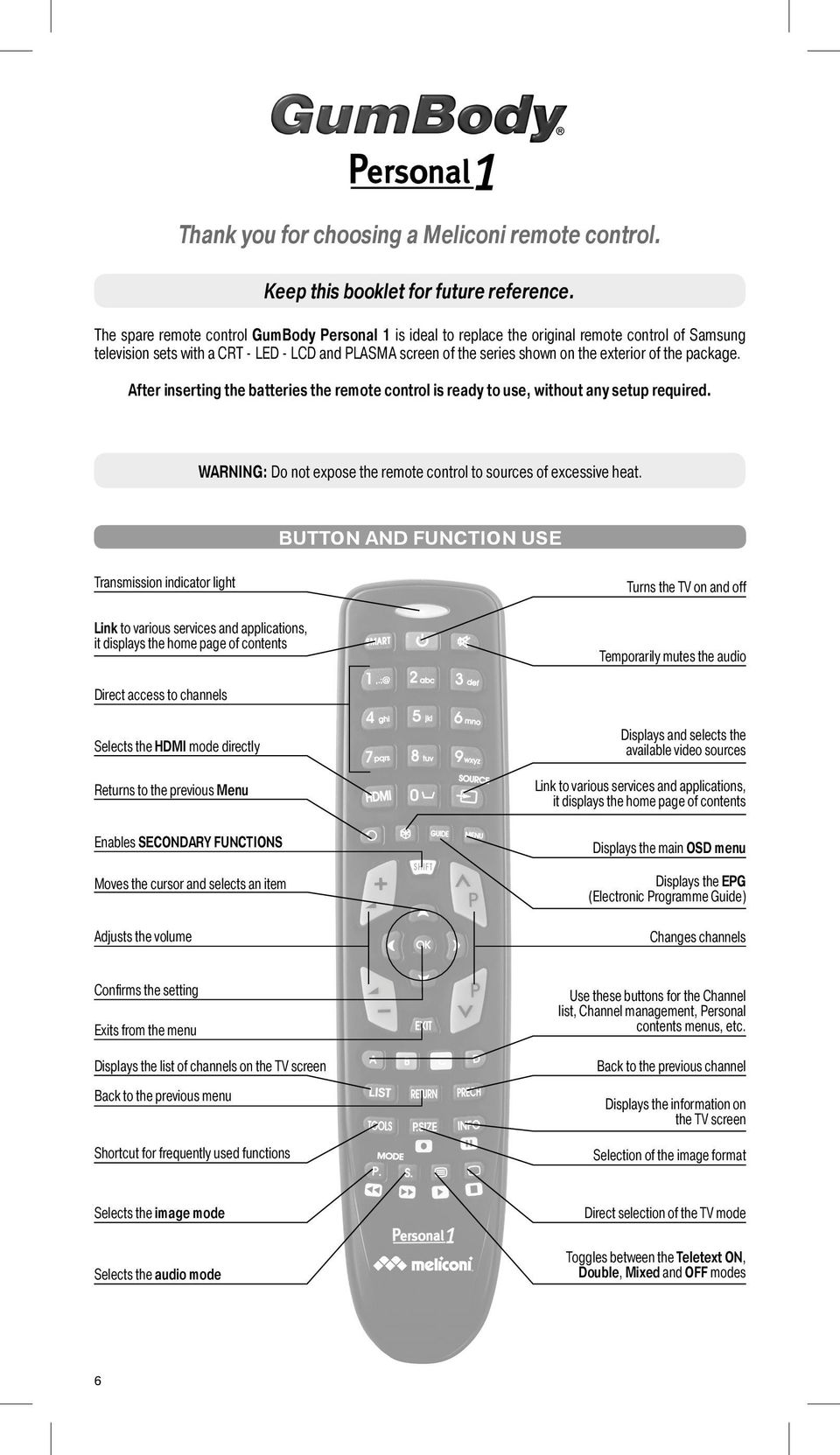 the package. After inserting the batteries the remote control is ready to use, without any setup required. WARNING: Do not expose the remote control to sources of excessive heat.