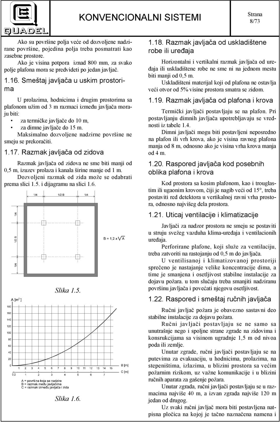Smeštaj javljača u uskim prostorima U prolazima, hodnicima i drugim prostorima sa plafonom užim od 3 m razmaci između javljača moraju biti: za termičke javljače do 10 m, za dimne javljače do 15 m.