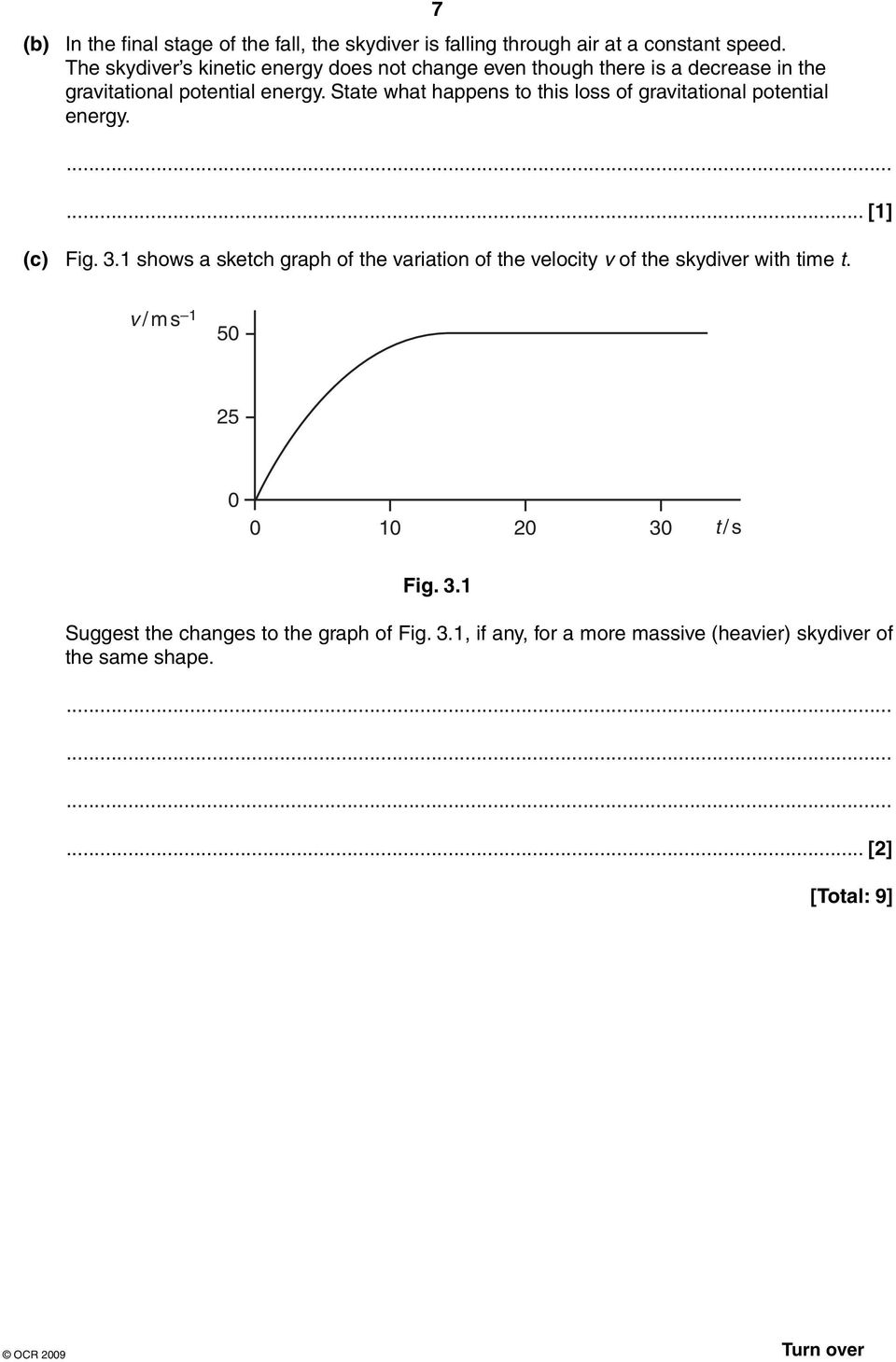 State what happens to this loss of gravitational potential energy. 7... [1] (c) Fig. 3.