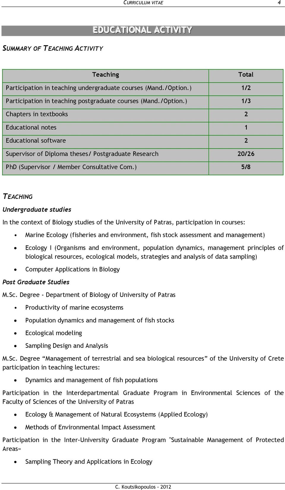 ) 1/3 Chapters in textbooks 2 Educational notes 1 Educational software 2 Supervisor of Diploma theses/ Postgraduate Research 20/26 PhD (Supervisor / Member Consultative Com.