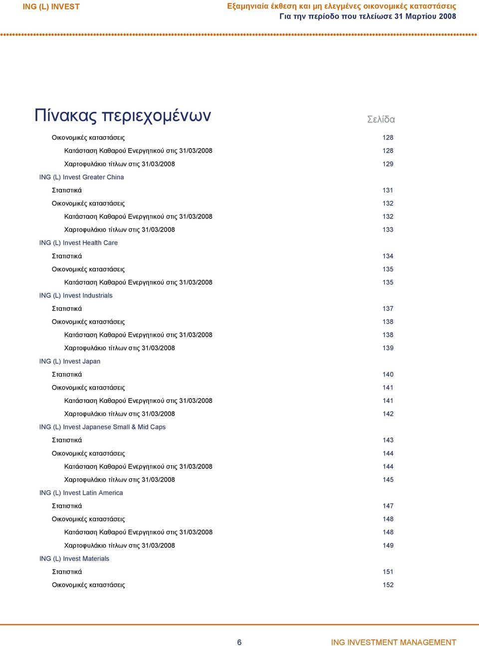 Health Care Στατιστικά 134 Οικονομικές καταστάσεις 135 Κατάσταση Καθαρού Ενεργητικού στις 31/03/2008 135 ING (L) Invest Industrials Στατιστικά 137 Οικονομικές καταστάσεις 138 Κατάσταση Καθαρού