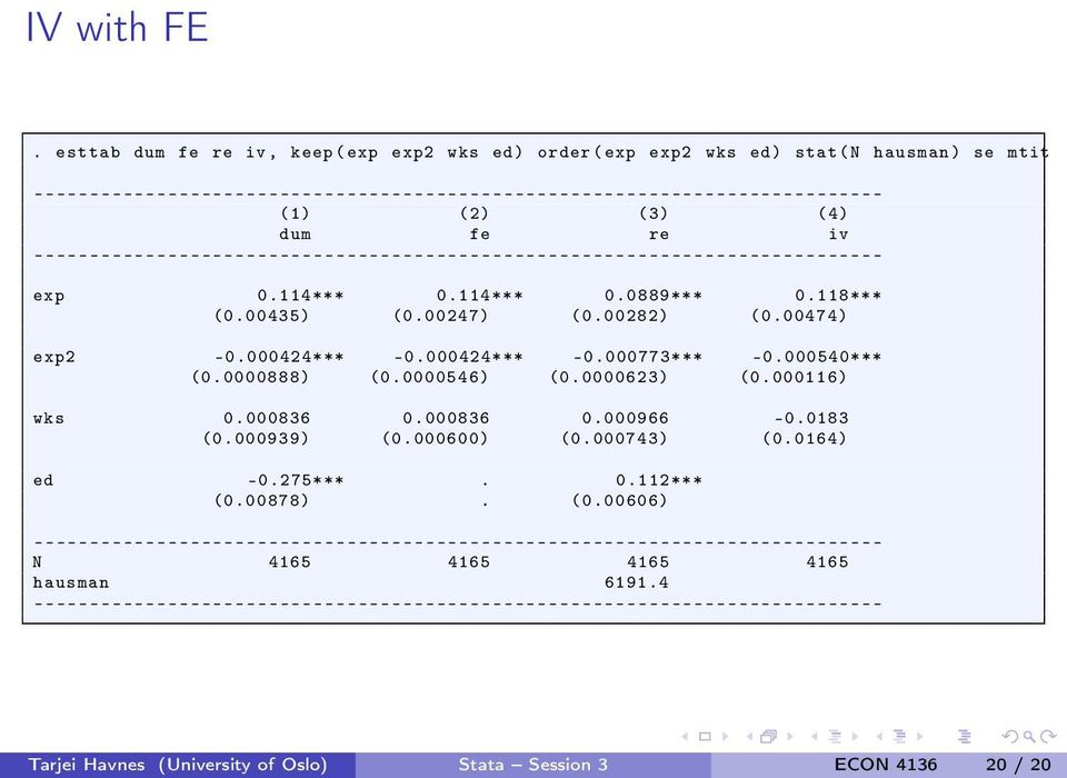 iv ---------------------------------------------------------------------------- exp 0.114*** 0.114*** 0.0889*** 0.118*** (0.00435) (0.00247) (0.00282) (0.00474) exp2-0.000424*** -0.000424*** -0.000773*** -0.